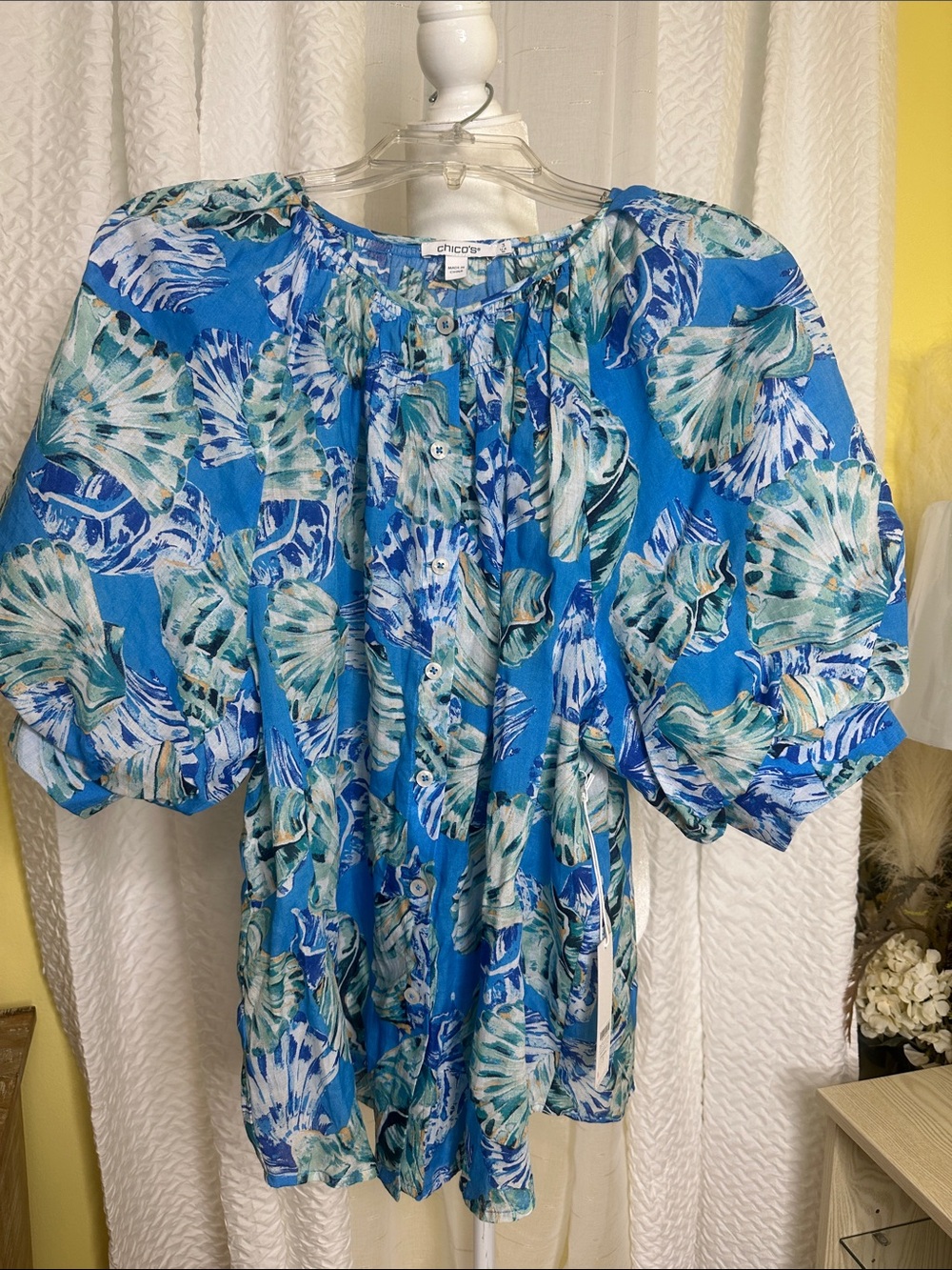 🆕NWT Chico's Turquoise Blue Floral Puff-Sleeve Button-Front Blouse, 16